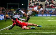 29 November 2019; Robert Baloucoune of Ulster dives over to score his side's fourth try during the Guinness PRO14 Round 7 match between Ulster and Scarlets at Kingspan Stadium in Belfast. Photo by John Dickson/Sportsfile