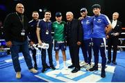 30 November 2019; Carl Frampton with his team, from left, Top Rank VP Carl Moretti, Tommy Coyle, Jamie Conlan, Top RanK CEO Bob Arum, and his trainers Jamie Moore and Nigel Travis after defeating Tyler McCreary in their super-featherweight bout at the Cosmopolitan of Las Vegas in Las Vegas, Nevada, United States. Photo by Mikey Williams/Top Rank/Sportsfile