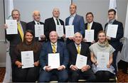 6 December 2019; The OFI Athletes’ Commission are hosting the EOC Athletes Forum in Dublin this weekend. On the opening evening Ronnie Delany, President of the Irish Olympians, presented OLY pins and a World Olympians Association certificate to several Team Ireland Olympians. Pictured are Irish Olympians, back row, from left, John Bouchier-Hayes OLY, Michael Ryan OLY, Phil Conway OLY, David Harte OLY, David Wilkins OLY and Shane O Connor OLY. Front row, from left, Grainne Murphy OLY, Michael Carruth OLY, Ronnie Delany OLY and Natalya Coyle OLY. Photo by Ramsey Cardy/Sportsfile