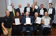 6 December 2019; The OFI Athletes’ Commission are hosting the EOC Athletes Forum in Dublin this weekend. On the opening evening Ronnie Delany, President of the Irish Olympians, presented OLY pins and a World Olympians Association certificate to several Team Ireland Olympians. Pictured are, back row, from left, John Bouchier-Hayes OLY, Michael Ryan OLY, Phil Conway OLY, Olympic Federation of Ireland President Sarah Keane, David Harte OLY, David Wilkins OLY and Shane O Connor OLY. Front row, from left, Mike Miller, CEO, World Olympians Association, Grainne Murphy OLY, Michael Carruth OLY, Ronnie Delany OLY and Natalya Coyle OLY. Photo by Ramsey Cardy/Sportsfile