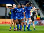 28 December 2019; Linda Djougang of Leinster celebrates with team-mates after scoring her side's second try during the Women's Rugby Friendly between Harlequins and Leinster at Twickenham Stadium in London, England. Photo by Matt Impey/Sportsfile