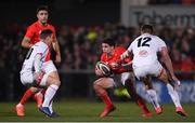 3 January 2020; Joey Carbery of Munster in action against Billy Burns, left, and Stuart McCloskey of Ulster during the Guinness PRO14 Round 10 match between Ulster and Munster at Kingspan Stadium in Belfast. Photo by Ramsey Cardy/Sportsfile