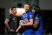 4 January 2020; Ciarán Frawley, left, celebrates with Leinster team-mate Joe Tomane after scoring his side's third try during the Guinness PRO14 Round 10 match between Leinster and Connacht at the RDS Arena in Dublin. Photo by Ramsey Cardy/Sportsfile