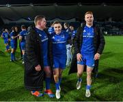 4 January 2020; Tadhg Furlong, left, Jordan Larmour, centre, and Ciarán Frawley of Leinster following the Guinness PRO14 Round 10 match between Leinster and Connacht at the RDS Arena in Dublin. Photo by Ramsey Cardy/Sportsfile