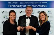 10 January 2020; Former Republic of Ireland International Packie Bonner is presented with his International Achievement Award by Aine Plunkett and Leanne Shiel, SSE Airtricity, during the SSE Airtricity / Soccer Writers Association of Ireland Diamond Jubilee Personality of the Year Awards 2019 at the Clayton Hotel in Dublin. Photo by Seb Daly/Sportsfile