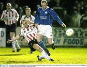 10 December 2003; Paddy McLaughlin, Derry City, in action against Paddy McGreanaghan, Finn Harps. eircom league Play-off Final 1st Leg, Finn Harps v Derry City, Finn Park, Ballybofey, Co. Donegal. Picture credit; David Maher / SPORTSFILE *EDI*