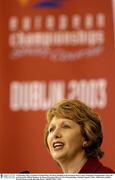 11 December 2003; President of Ireland Mary McAleese speaking at the European Short Course Swimming Championships where she performed the Official Opening. European Swimming Short Course Championships, National Aquatic Centre, Abbotstown, Dublin, Ireland. Picture credit; Brendan Moran / SPORTSFILE *EDI*