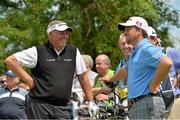 26 June 2013; Darren Clarke, left, and Graeme McDowell in conversation at the 18th tee box during the Irish Open Golf Championship 2013 Pro Am. Carton House, Maynooth, Co. Kildare. Picture credit: Matt Browne / SPORTSFILE