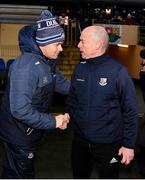 11 January 2020; Dublin manager Dessie Farrell and Longford manager Padraic Davis shake hands after the O'Byrne Cup Semi-Final match between Longford and Dublin at Glennon Brothers Pearse Park in Longford. Photo by Ray McManus/Sportsfile