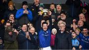 18 January 2020; Longford captain Michael Quinn lifts the cup following the 2020 O'Byrne Cup Final between Offaly and Longford at Bord na Mona O'Connor Park in Tullamore, Offaly. Photo by David Fitzgerald/Sportsfile