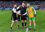 19 January 2020; Referee Conor Lane with captains Conor Laverty of Kilcoo, left, and Micheál Lundy of Corofin prior to the AIB GAA Football All-Ireland Senior Club Championship Final between Corofin and Kilcoo at Croke Park in Dublin. Photo by Seb Daly/Sportsfile