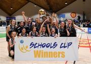 20 January 2020; Pobailscoil Inbhear Sceine players celebrate with the trophy following the Basketball Ireland U16 A Girls Schools Cup Final between Pobailscoil Inbhear Sceine and Our Lady of Mercy, Waterford United at the National Basketball Arena in Tallaght, Dublin. Photo by Harry Murphy/Sportsfile