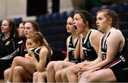 20 January 2020; Pobailscoil Inbhear Sceine players on the bench react during the Basketball Ireland U16 A Girls Schools Cup Final between Pobailscoil Inbhear Sceine and Our Lady of Mercy, Waterford United at the National Basketball Arena in Tallaght, Dublin. Photo by Harry Murphy/Sportsfile