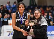 20 January 2020; Pobailscoil Inbhear Sceine captain Tania Salvado is presented the trophy by Chief Operations Officer Louise O'Loughlin following the Basketball Ireland U16 A Girls Schools Cup Final between Pobailscoil Inbhear Sceine and Our Lady of Mercy, Waterford United at the National Basketball Arena in Tallaght, Dublin. Photo by Harry Murphy/Sportsfile