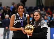 20 January 2020; Pobailscoil Inbhear Sceine captain Tania Salvado is presented the MVP award by Chief Operations Officer Louise O'Loughlin following the Basketball Ireland U16 A Girls Schools Cup Final between Pobailscoil Inbhear Sceine and Our Lady of Mercy, Waterford United at the National Basketball Arena in Tallaght, Dublin. Photo by Harry Murphy/Sportsfile