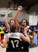 20 January 2020; Pobailscoil Inbhear Sceine players Tania Salvado, Clionadh Daly and Sarah Taylor celebrate with the trophy following the Basketball Ireland U16 A Girls Schools Cup Final between Pobailscoil Inbhear Sceine and Our Lady of Mercy, Waterford United at the National Basketball Arena in Tallaght, Dublin. Photo by Harry Murphy/Sportsfile