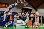 25 January 2020; Kevin Donohoe of IT Carlow celebrates scoring his side's last second equalizing basket to bring the game to bring the game to overtime during the Hula Hoops President’s National Cup Final between IT Carlow Basketball and Tradehouse Central Ballincollig at the National Basketball Arena in Tallaght, Dublin. Photo by Brendan Moran/Sportsfile