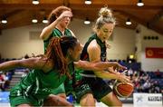 26 January 2020; Kate McDaid of Trinity Meteors in action against Trudy Walker and Claire Melia of Portlaoise Panthers during the Hula Hoops Women’s Division One National Cup Final between Portlaoise Panthers and Trinity Meteors at the National Basketball Arena in Tallaght, Dublin. Photo by Brendan Moran/Sportsfile