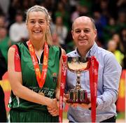 26 January 2020; Portlaoise Panthers captain Deirdre Tomlinson is presented with the cup by Paul McDevitt, Chairman, Basketball Ireland, after the Hula Hoops Women’s Division One National Cup Final between Portlaoise Panthers and Trinity Meteors at the National Basketball Arena in Tallaght, Dublin. Photo by Brendan Moran/Sportsfile
