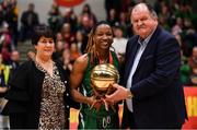 26 January 2020; Trudy Walker of Portlaoise Panthers is presented with the MVP by Basketball Ireland Secretary General Bernard O'Byrne, in the company of Basketball Ireland President Theresa Walsh, after the Hula Hoops Women’s Division One National Cup Final between Portlaoise Panthers and Trinity Meteors at the National Basketball Arena in Tallaght, Dublin. Photo by Brendan Moran/Sportsfile
