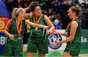 26 January 2020; Portlaoise Panthers players, from left, Deirdre Tomlinson, Shauna Burke and Gillian Wheeler of Portlaoise Panthers celebrate after the Hula Hoops Women’s Division One National Cup Final between Portlaoise Panthers and Trinity Meteors at the National Basketball Arena in Tallaght, Dublin. Photo by Brendan Moran/Sportsfile