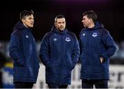 30 January 2020; Drogheda United manager Tim Clancy, centre, assistant manager Kevin Doherty, right, and physiotherapist David Cook, left, prior to the Jim Malone Cup match between Dundalk and Drogheda United at Oriel Park in Dundalk, Co Louth. Photo by Harry Murphy/Sportsfile