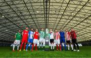 5 February 2020; SSE Airtricty League Premier Division players, from left, Conor Davis of Cork City, Ciaran Kilduff of Shelbourne, Dave Webster of Finn Harps, Ian Bermingham of St Patrick's Athletic, Ronan Finn of Shamrock Rovers, Darragh Leahy of Dundalk, David Cawley of Sligo Rovers, Robbie McCourt of Waterford United, Conor Clifford of Derry City and Danny Grant of Bohemians during the launch of the 2020 SSE Airtricity League season at the Sport Ireland National Indoor Arena in Dublin. Photo by Seb Daly/Sportsfile