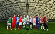 5 February 2020; SSE Airtricty League Premier Division players, from left, Conor Davis of Cork City, Ciaran Kilduff of Shelbourne, Dave Webster of Finn Harps, Ian Bermingham of St Patrick's Athletic, Ronan Finn of Shamrock Rovers, Darragh Leahy of Dundalk, David Cawley of Sligo Rovers, Robbie McCourt of Waterford United, Conor Clifford of Derry City and Danny Grant of Bohemians during the launch of the 2020 SSE Airtricity League season at the Sport Ireland National Indoor Arena in Dublin. Photo by Seb Daly/Sportsfile