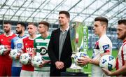 5 February 2020; FAI Interim Deputy Chief Executive Niall Quinn with SSE Airtricty League Premier Division players, from left, Ciaran Kilduff of Shelbourne, Dave Webster of Finn Harps, Ian Bermingham of St Patrick's Athletic, Ronan Finn of Shamrock Rovers, Darragh Leahy of Dundalk and David Cawley of Sligo Rovers during the launch of the 2020 SSE Airtricity League season at the Sport Ireland National Indoor Arena in Dublin. Photo by Stephen McCarthy/Sportsfile
