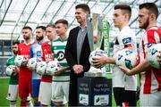 5 February 2020; FAI Interim Deputy Chief Executive Niall Quinn with SSE Airtricty League Premier Division players, from left, Conor Davis of Cork City, Ciaran Kilduff of Shelbourne, Dave Webster of Finn Harps, Ian Bermingham of St Patrick's Athletic, Ronan Finn of Shamrock Rovers, Darragh Leahy of Dundalk and David Cawley of Sligo Rovers during the launch of the 2020 SSE Airtricity League season at the Sport Ireland National Indoor Arena in Dublin. Photo by Stephen McCarthy/Sportsfile