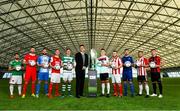 5 February 2020; SSE Airtricty League Premier Division players, from left, Conor Davis of Cork City, Ciaran Kilduff of Shelbourne, Dave Webster of Finn Harps, Ian Bermingham of St Patrick's Athletic, Ronan Finn of Shamrock Rovers, FAI Interim Deputy Chief Executive Niall Quinn, Darragh Leahy of Dundalk, David Cawley of Sligo Rovers, Robbie McCourt of Waterford United, Conor Clifford of Derry City and Danny Grant of Bohemians during the launch of the 2020 SSE Airtricity League season at the Sport Ireland National Indoor Arena in Dublin. Photo by Seb Daly/Sportsfile