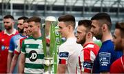 5 February 2020; SSE Airtricty League Premier Division players, from left, Ciaran Kilduff of Shelbourne, Dave Webster of Finn Harps, Ian Bermingham of St Patrick's Athletic, Ronan Finn of Shamrock Rovers, Darragh Leahy of Dundalk, David Cawley of Sligo Rovers, Robbie McCourt of Waterford United and Conor Clifford of Derry City during the launch of the 2020 SSE Airtricity League season at the Sport Ireland National Indoor Arena in Dublin. Photo by Stephen McCarthy/Sportsfile