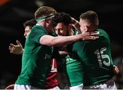 7 February 2020; Andrew Smith, centre, of Ireland celebrates after scoring his side's fifth try with  team-mates Sean O'Brien, left, and Oran McNulty during the U20 Six Nations Rugby Championship match between Ireland and Wales at Irish Independent Park in Cork. Photo by Harry Murphy/Sportsfile
