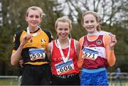 8 February 2020; Orna Moynihan, centre, of St. Cronans AC, Clare, who won gold in the girls under-15 Cross Country with second place Lily Sheehy, left, of Ashford, Wicklow, and third place Grace Byrne, right, of Mullingar Harriers AC, Westmeath, during the Irish Life Health National Intermediate, Master, Juvenile B & Relays Cross Country at Avondale in Rathdrum, Co Wicklow. Photo by Matt Browne/Sportsfile
