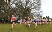 8 February 2020; Orna Moynihan, 606, of St. Cronans AC, Clare, leads the field on her way to winning gold in the girls under-15 Cross Country during the Irish Life Health National Intermediate, Master, Juvenile B & Relays Cross Country at Avondale in Rathdrum, Co Wicklow. Photo by Matt Browne/Sportsfile