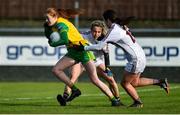 9 February 2020; Deirdre Foley of Donegal in action against Tracey Leonard, centre, and Róisín Leonard of Galway during the 2020 Lidl Ladies National Football League Division 1 Round 3 match between Donegal and Galway at O'Donnell Park in Letterkenny, Donegal. Photo by Oliver McVeigh/Sportsfile