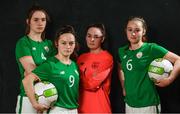 4 February 2018; Republic of Ireland Women's U17 players, from left, Roisin McGovern, Alannah McEvoy, Rachael Kelly and Megan Mackey during a Republic of Ireland Women’s Under 17 squad portraits session at Johnstown House in Enfield, Co Meath. Photo by Sam Barnes/Sportsfile