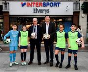 10 February 2020; The Football Association of Ireland are delighted to announce a new partnership with the leading Irish sports retailer INTERSPORT Elverys, as the new title sponsor of the FAI Summer Soccer Schools. Pictured are Republic of Ireland manager Mick McCarthy and FAI Interim Deputy Chief Executive Niall Quinn with Larkin Community College students, from left, Adrian Lucaci, Isabelle Baker, Alisha Rose Sammy and Remis Galiceanu at INTERSPORT Elverys, Henry Street in Dublin. Photo by Stephen McCarthy/Sportsfile