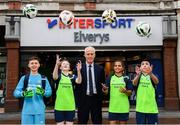 10 February 2020; The Football Association of Ireland are delighted to announce a new partnership with the leading Irish sports retailer INTERSPORT Elverys, as the new title sponsor of the FAI Summer Soccer Schools. Pictured at the announcement is Republic of Ireland manager Mick McCarthy with Larkin Community College students, from left, Adrian Lucaci, Isabelle Baker, Alisha Rose Sammy and Remis Galiceanu at INTERSPORT Elverys, Henry Street in Dublin. Photo by Stephen McCarthy/Sportsfile