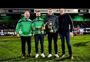 15 February 2020; Oughterard All-Ireland Intermediate Club Football Champions manager Tommy Finnerty, left, and captain Eddie O'Sullivan, and Corofin All-Ireland Senior Club Football Champions captain Kieran Fitzgerald and manager Kevin O'Brien, right, with their trophies as they were presented at half-time during the Guinness PRO14 Round 11 match between Connacht and Cardiff Blues at the Sportsground in Galway. Photo by Sam Barnes/Sportsfile