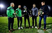 15 February 2020; Oughterard All-Ireland Intermediate Club Football Champions manager Tommy Finnerty, left, and captain Eddie O'Sullivan, and Corofin All-Ireland Senior Club Football Champions captain Kieran Fitzgerald and manager Kevin O'Brien, right, with their trophies as they are interviewed at half-time during the Guinness PRO14 Round 11 match between Connacht and Cardiff Blues at the Sportsground in Galway. Photo by Sam Barnes/Sportsfile