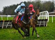 19 February 2020; Elfile, with Danny Mullins up, left, leads ahead of Surin, with Luke Dempsey up, on their way to winning the Quevega Mares Hurdle at Punchestown Racecourse in Kildare. Photo by Harry Murphy/Sportsfile