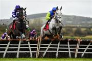 19 February 2020; Mary Frances, with Cathal Landers up, jump a fence ahead of Flawless Escape, with Denis O'Regan up, on their way to winning the Pertemps Network Group Handicap Hurdle at Punchestown Racecourse in Kildare. Photo by Harry Murphy/Sportsfile