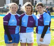 20 February 2020; South East Area players from New Ross RFC, from left, Kathryn Dempsey, Jessica Sutton and Jennifer Dunne after the Leinster Rugby U18s Girls Area Blitz at Energia Park in Dublin. Photo by Matt Browne/Sportsfile