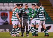 21 February 2020; Graham Burke, centre, of Shamrock Rovers celebrates with team-mates after scoring his side's first goal during the SSE Airtricity League Premier Division match between Shamrock Rovers and Cork City at Tallaght Stadium in Dublin. Photo by Stephen McCarthy/Sportsfile