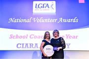 21 February 2020; Ciara Marley, representing St Catherine’s, Co. Armagh, is presented with the School Coach of the Year award by Ladies Gaelic Football Association President Marie Hickey at the 2019 LGFA Volunteer of the Year awards night at Croke Park in Dublin. Photo by Piaras Ó Mídheach/Sportsfile