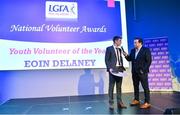 21 February 2020; Eoin Delaney from Crettyard, Co. Laois, winner of the Young Volunteer of the Year award, is interviewed by MC Marty Morrissey at the 2019 LGFA Volunteer of the Year awards night at Croke Park in Dublin. Photo by Piaras Ó Mídheach/Sportsfile