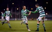 21 February 2020; Graham Burke of Shamrock Rovers celebrates after scoring his side's fifth goal with team-mate Neil Farrugia during the SSE Airtricity League Premier Division match between Shamrock Rovers and Cork City at Tallaght Stadium in Dublin. Photo by Stephen McCarthy/Sportsfile