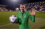 21 February 2020; Graham Burke of Shamrock Rovers who scored five goals holds the match ball following the SSE Airtricity League Premier Division match between Shamrock Rovers and Cork City at Tallaght Stadium in Dublin. Photo by Stephen McCarthy/Sportsfile