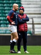 22 February 2020; Willi Heinz, left, with head coach Eddie Jones during the England Rugby Captain's Run at Twickenham Stadium in London, England. Photo by Brendan Moran/Sportsfile